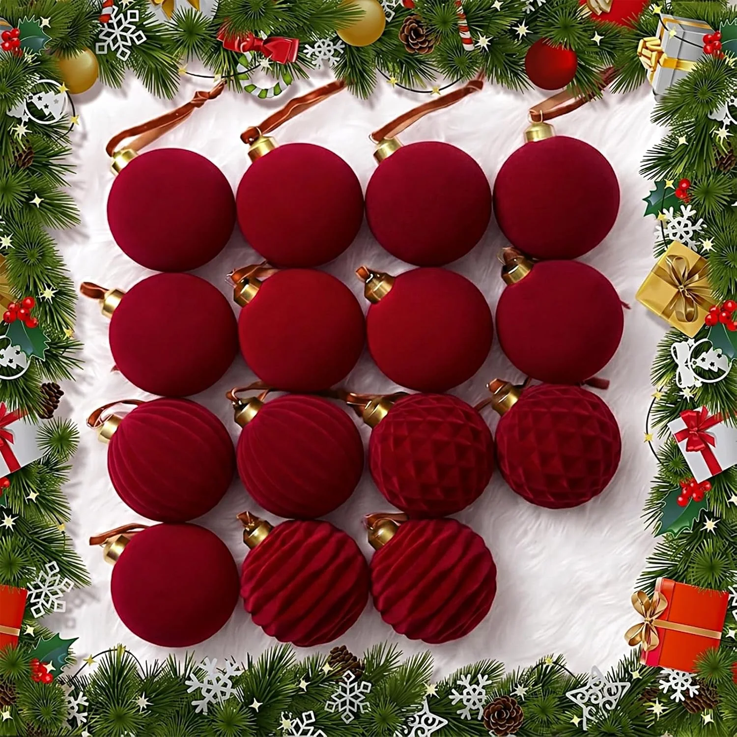 Minetom 15pcs Burgundy & Green Christmas Ornaments, Burgundy, 2.36inch, photo 4