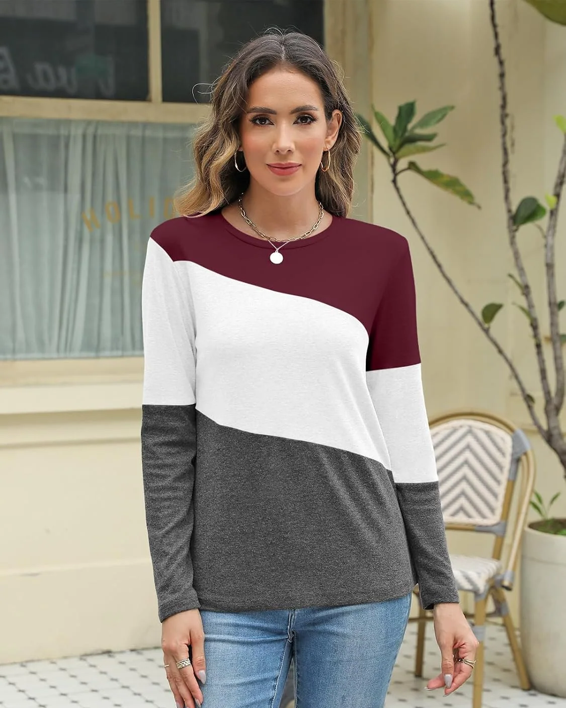Minetom Women's Color Block Tops Casual Long Sleeve Shirts Pullover Tunic, photo 2