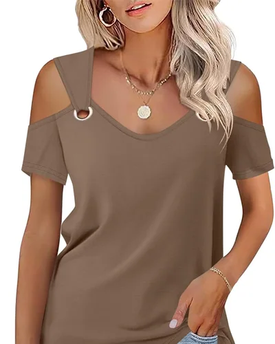 Minetom Women's Cold Shoulder Tops Short Sleeve V Neck T Shirts Summer Tee, thumbnail 22