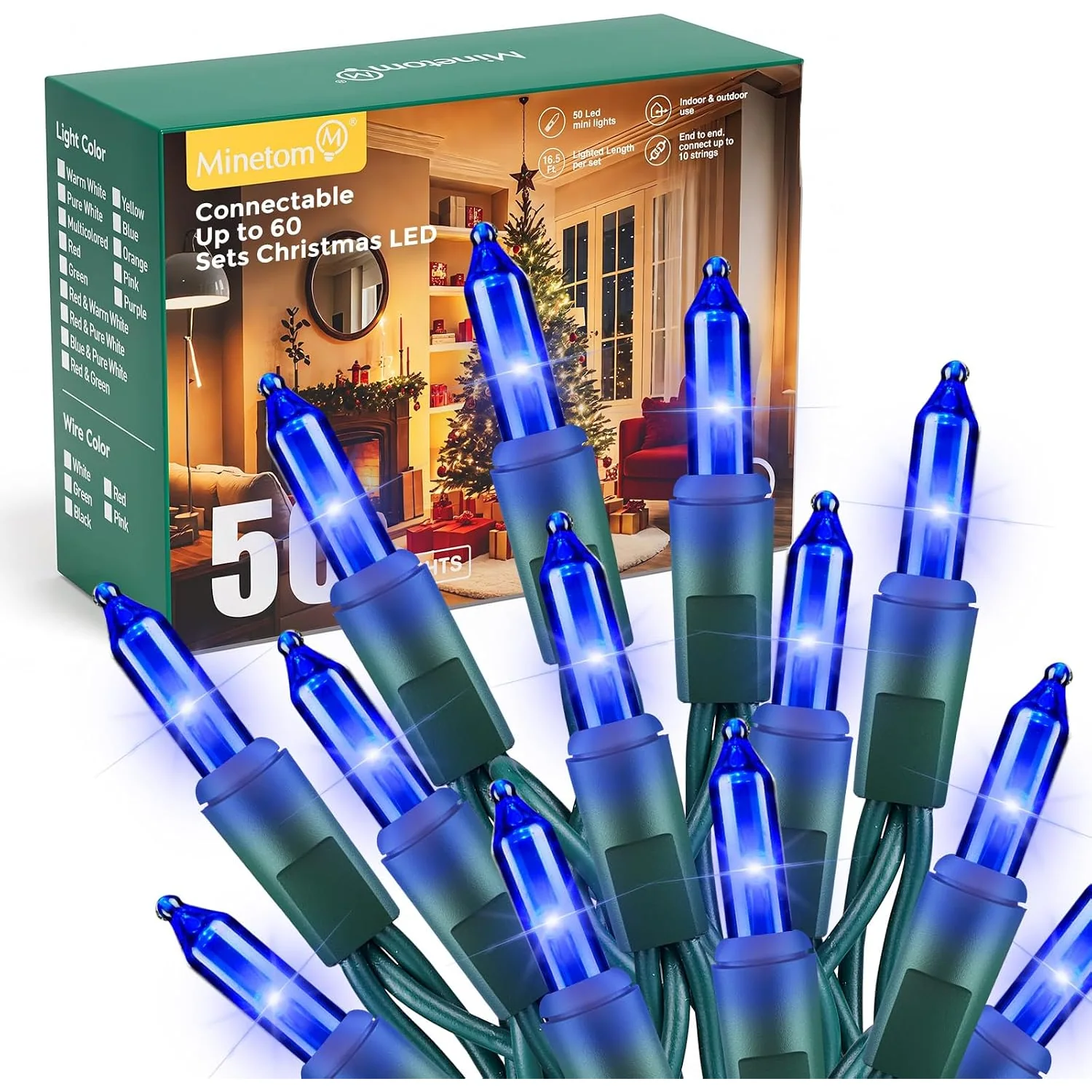 Minetom LED Clear Christmas String Lights, Blue-Green Wire, 50 Count-10 ft, photo 5
