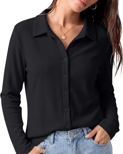 Minetom Womens long Sleeve Button Down Tops V Neck Collared Shirts, thumbnail 4