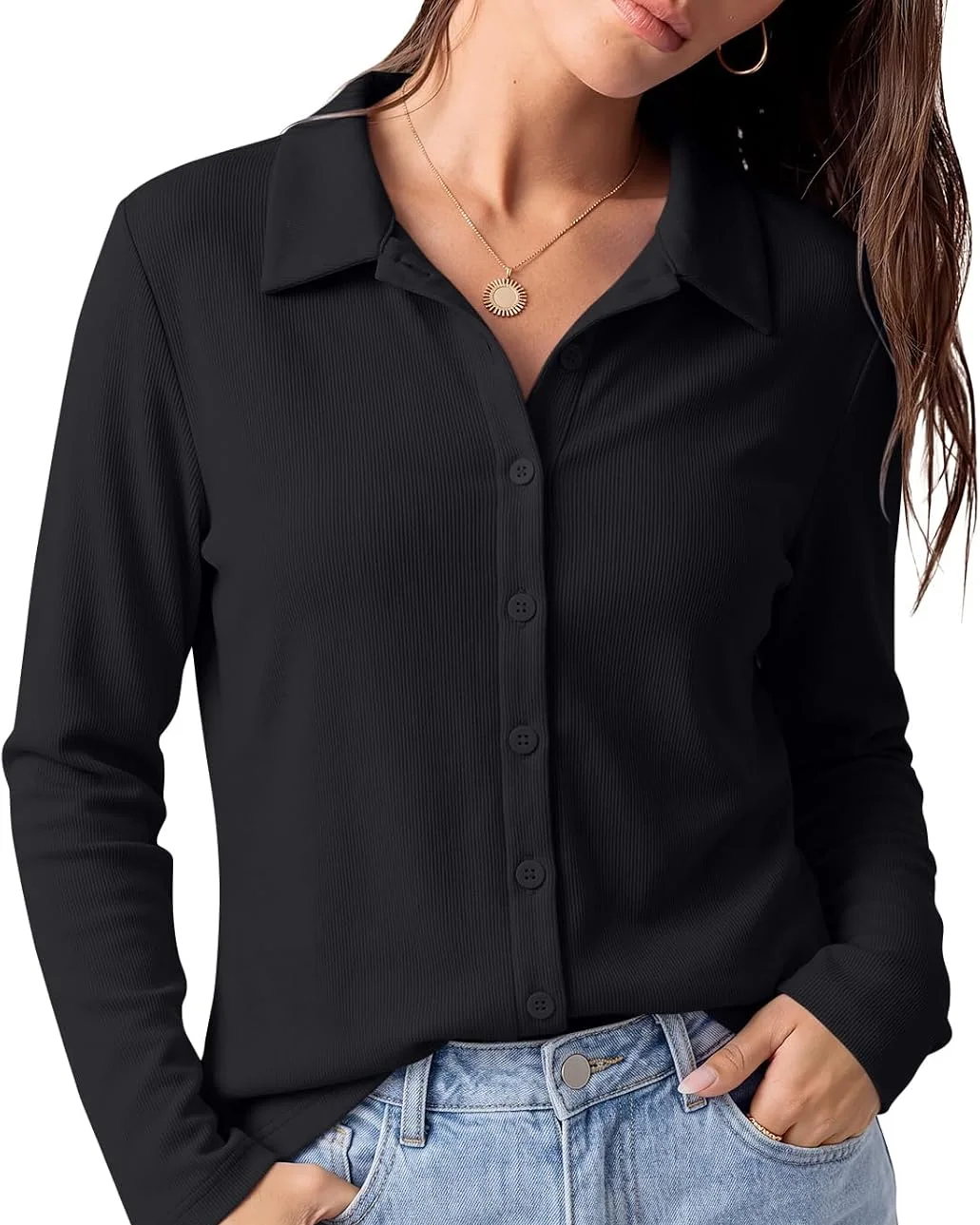 Minetom Womens long Sleeve Button Down Tops V Neck Collared Shirts, Black, Small, photo 4