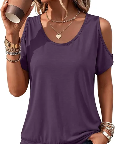 Minetom Womens Cold Shoulder Tops Banded Bottom Shirts Short Sleeve Shirts, thumbnail 5