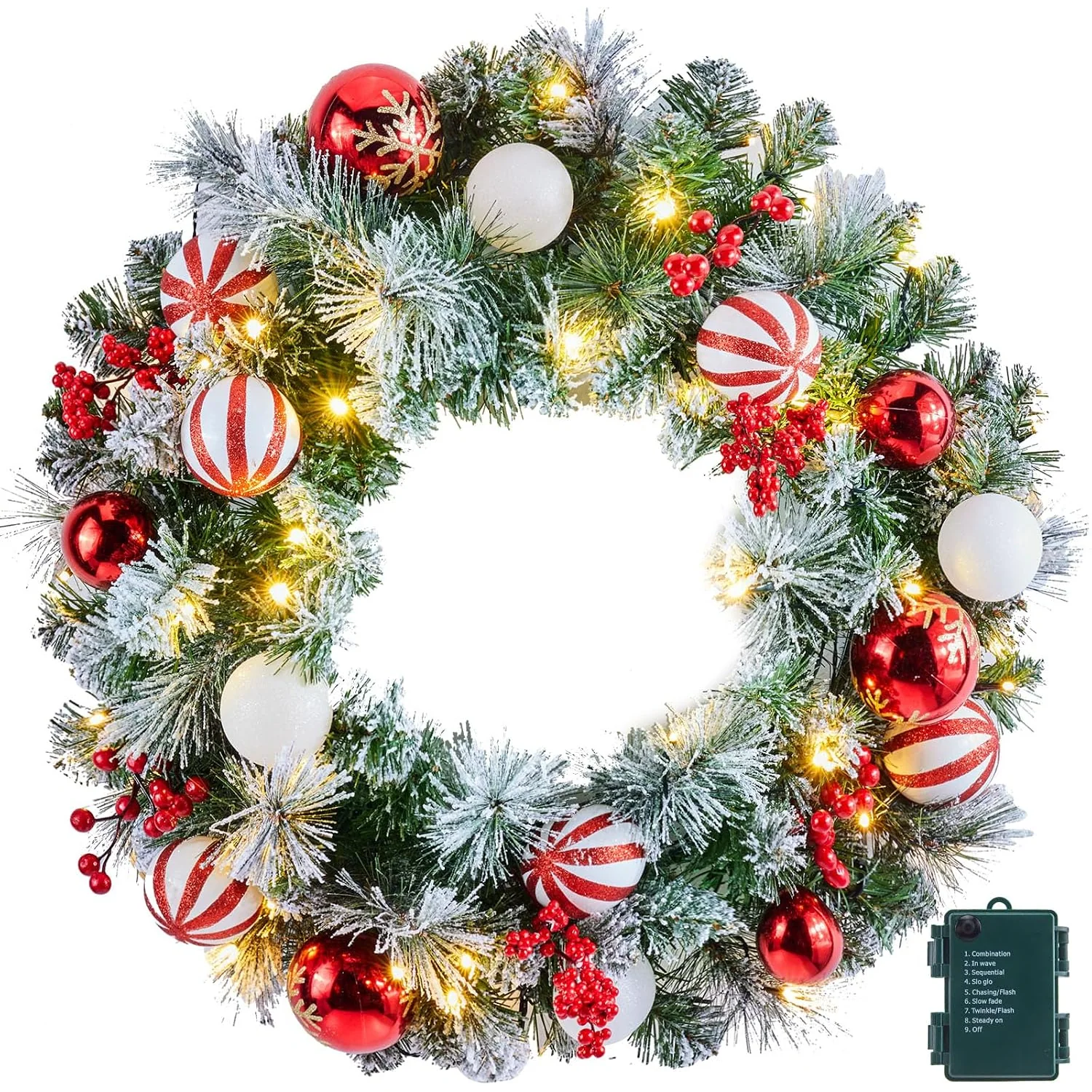 Minetom Pre-Lit Artificial Christmas Wreath 24Inch, Red&white, 24inch, photo 1