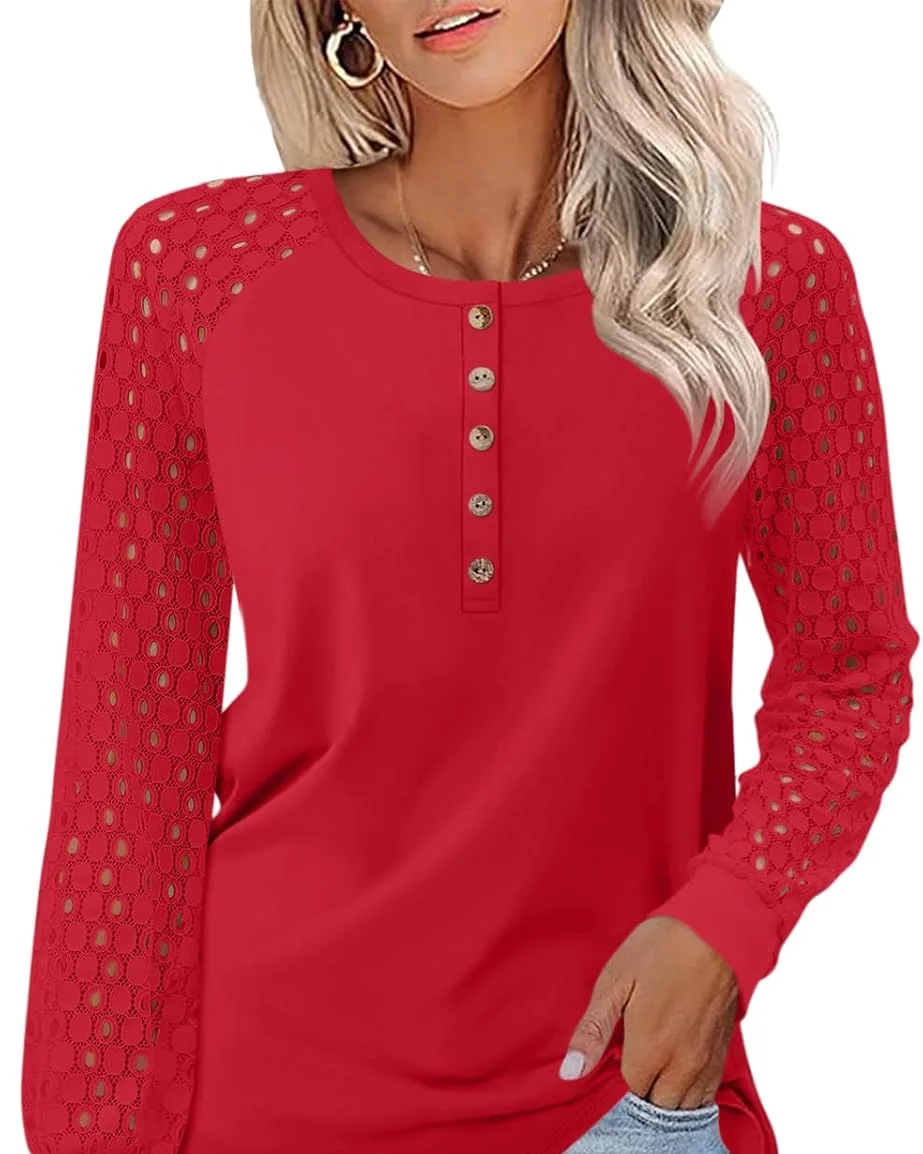 Minetom Women's Lace Long Sleeve Tops Henley Shirts Fall Button Up Blouse, Red, Small, photo 7