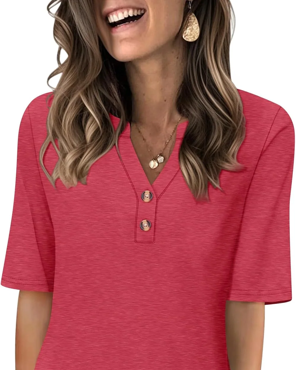 Minetom Women's Half Sleeve Tops V Neck T Shirt Button Casual Tee White, Red, Small, photo 15