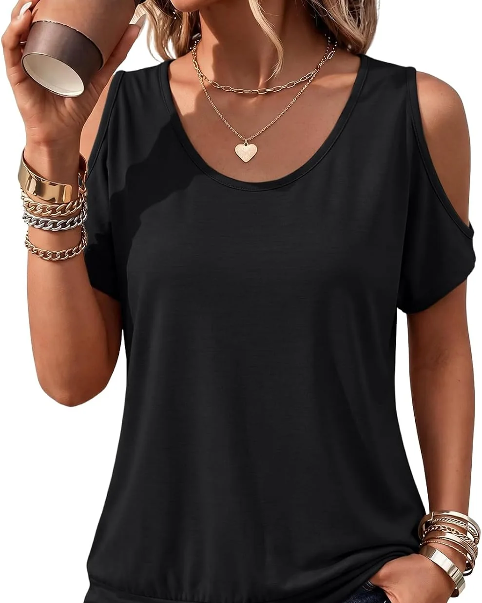 Minetom Womens Cold Shoulder Tops Banded Bottom Shirts Short Sleeve Shirts, Black, Small, photo 4