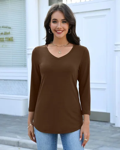 Minetom Women's 3/4 Length Sleeve Tops V Neck T Shirts Casual Basic Tees, thumbnail 2