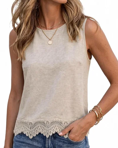 Minetom Women's Cotton Lace Tank Tops Crewneck Sleeveless Shirts White, thumbnail 8