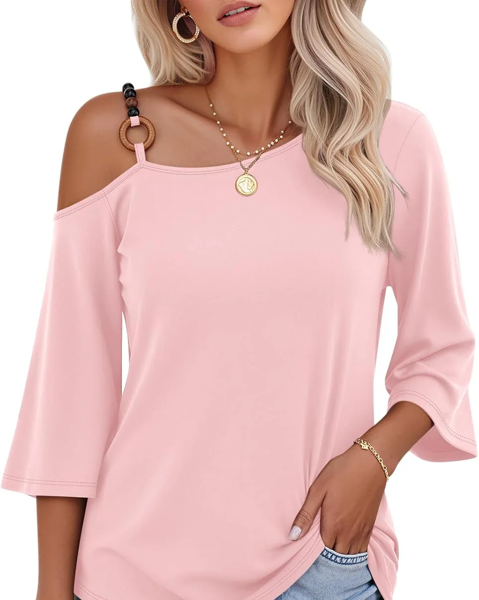 Minetom Women's Off the Shoulder Tops 3 4 Sleeve V Neck T Shirts Fall Tee, Pink, Small, photo 1