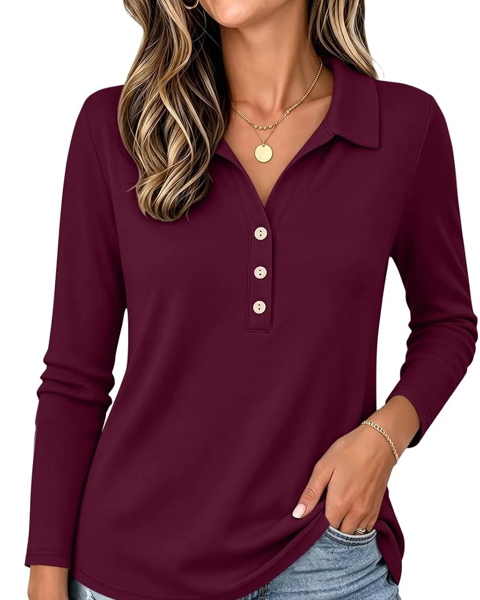 Minetom Womens Long Sleeve Tops Collared Button Up Shirts, Burgundy, Small, photo 9