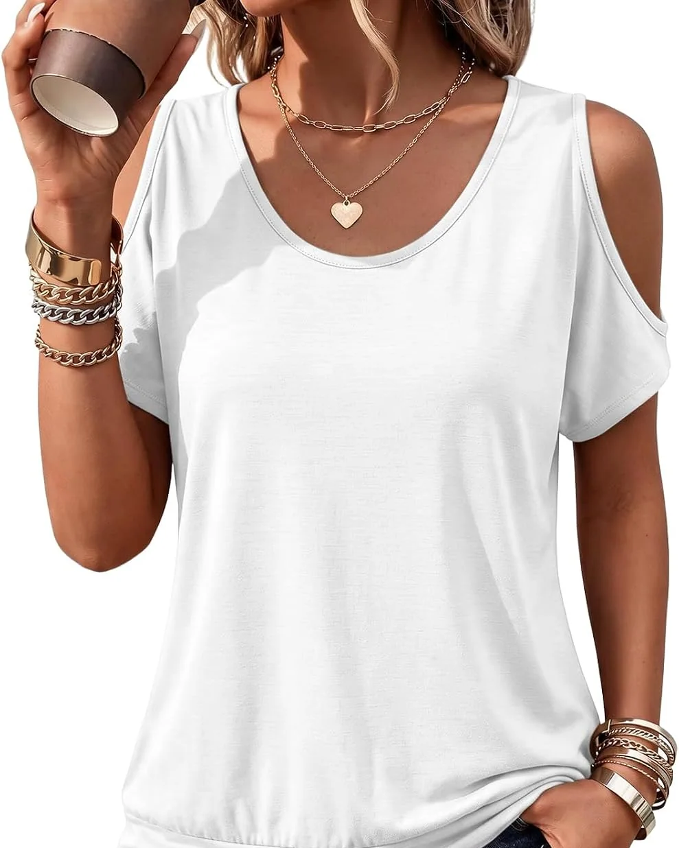 Minetom Womens Cold Shoulder Tops Banded Bottom Shirts Short Sleeve Shirts, White, Small, photo 6