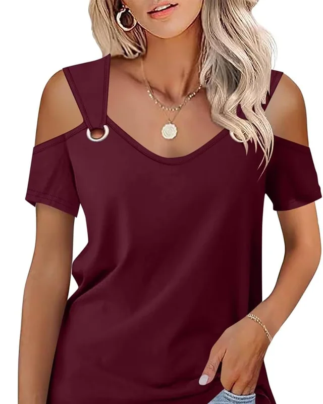 Minetom Women's Cold Shoulder Tops Short Sleeve V Neck T Shirts Summer Tee