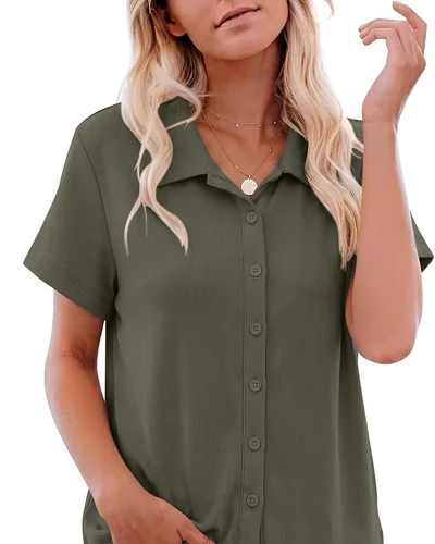 Minetom Womens Short Sleeve Button Down Tops V Neck Collared Shirts Army Green, thumbnail 2