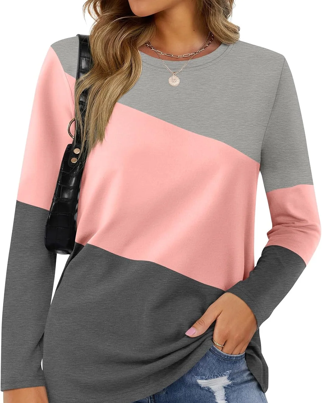 Minetom Women's Color Block Tops Casual Long Sleeve Shirts Pullover Tunic, Gray-pink-charcoal, Small, photo 14