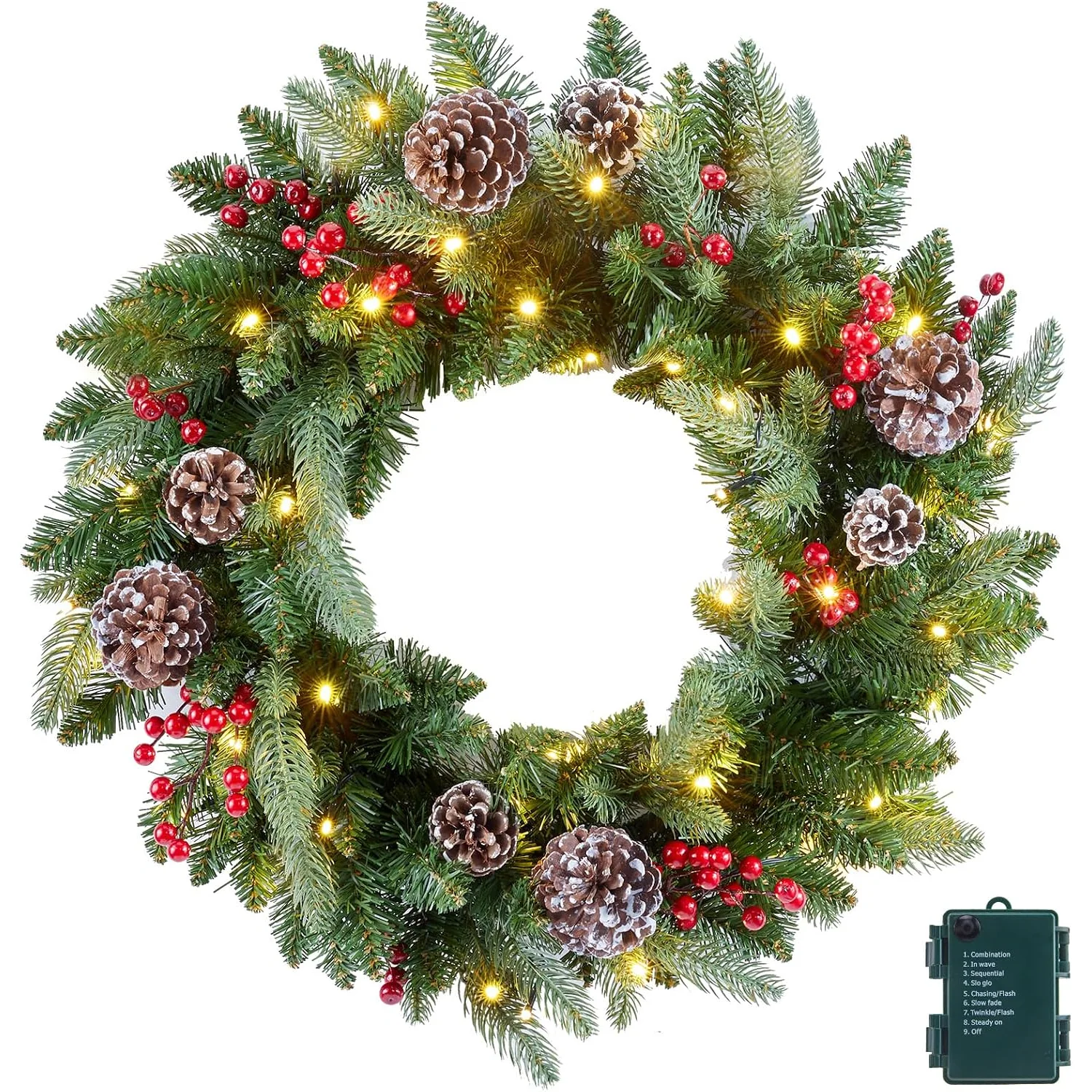 Minetom 24 Inch Pre-Lit Artificial Christmas Wreath for Front Door, photo 1