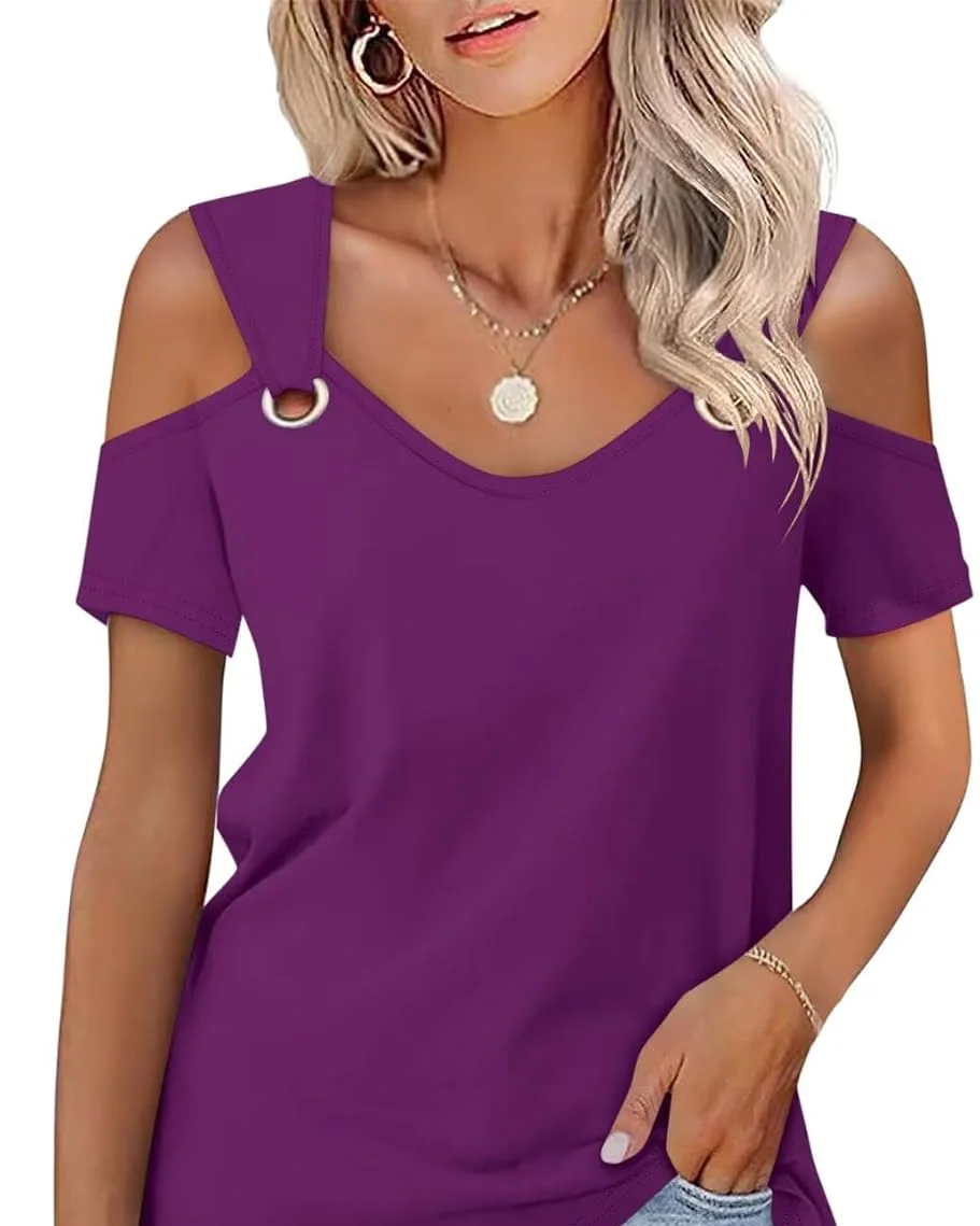 Minetom Women's Cold Shoulder Tops Short Sleeve V Neck T Shirts Summer Tee, Dark Purple, Small, photo 9