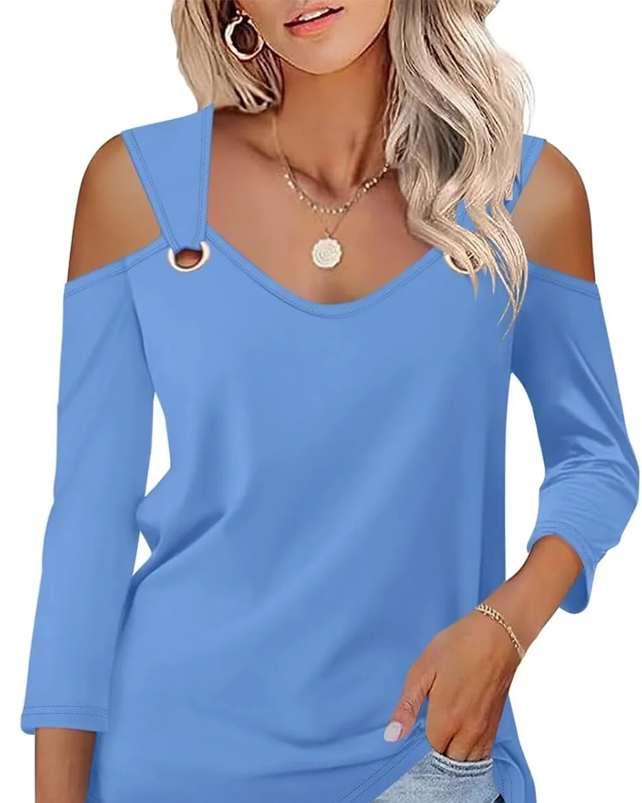 Minetom Women's V Neck 3/4 Sleeve Shirts Cold Shoulder Tops 2026 Fall Tees, Blue, Small, photo 24