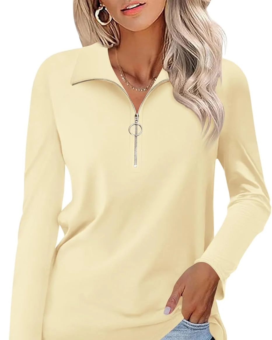 Minetom Womens Long Sleeve Shirts 1/4 Zipper Pullover V Neck Collar Tops, Apricot, Small, photo 21