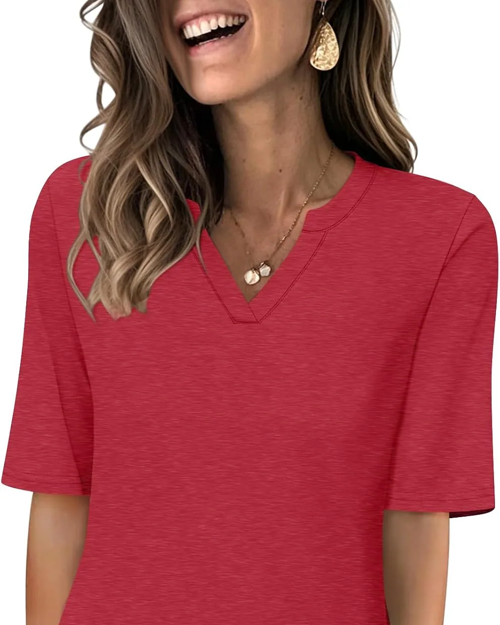 Minetom Women's V Neck T Shirts Half Sleeve Tees Casual Summer Fall Tops Navy, Red, Small, photo 8