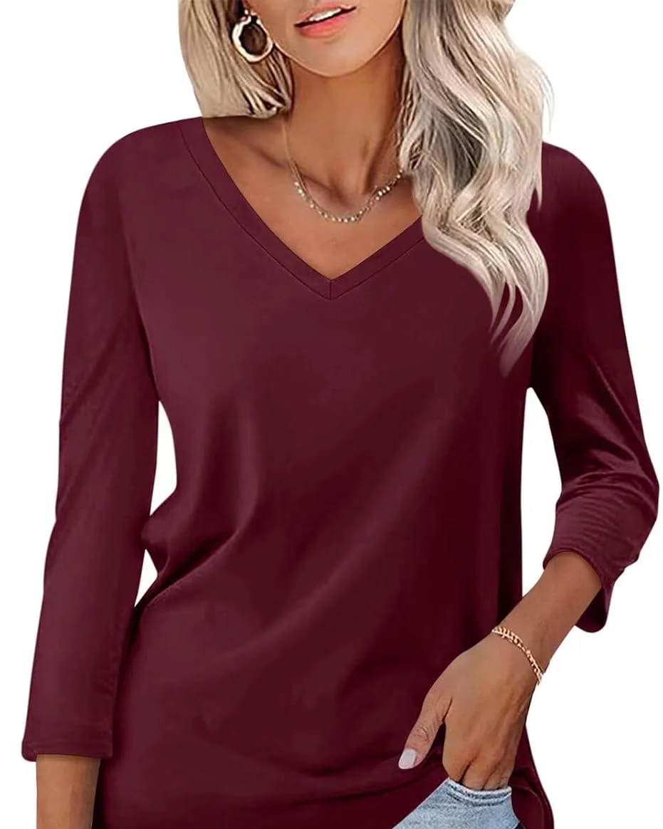 Minetom Women's 3/4 Length Sleeve Tops V Neck T Shirts Casual Basic Tees, Wine Red, Small, photo 10