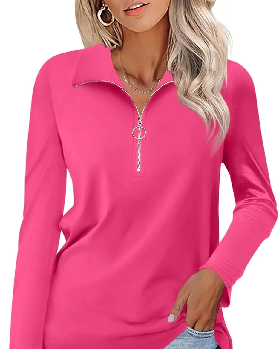 Minetom Womens Long Sleeve Shirts 1/4 Zipper Pullover V Neck Collar Tops, Hot Pink, Small, photo 10