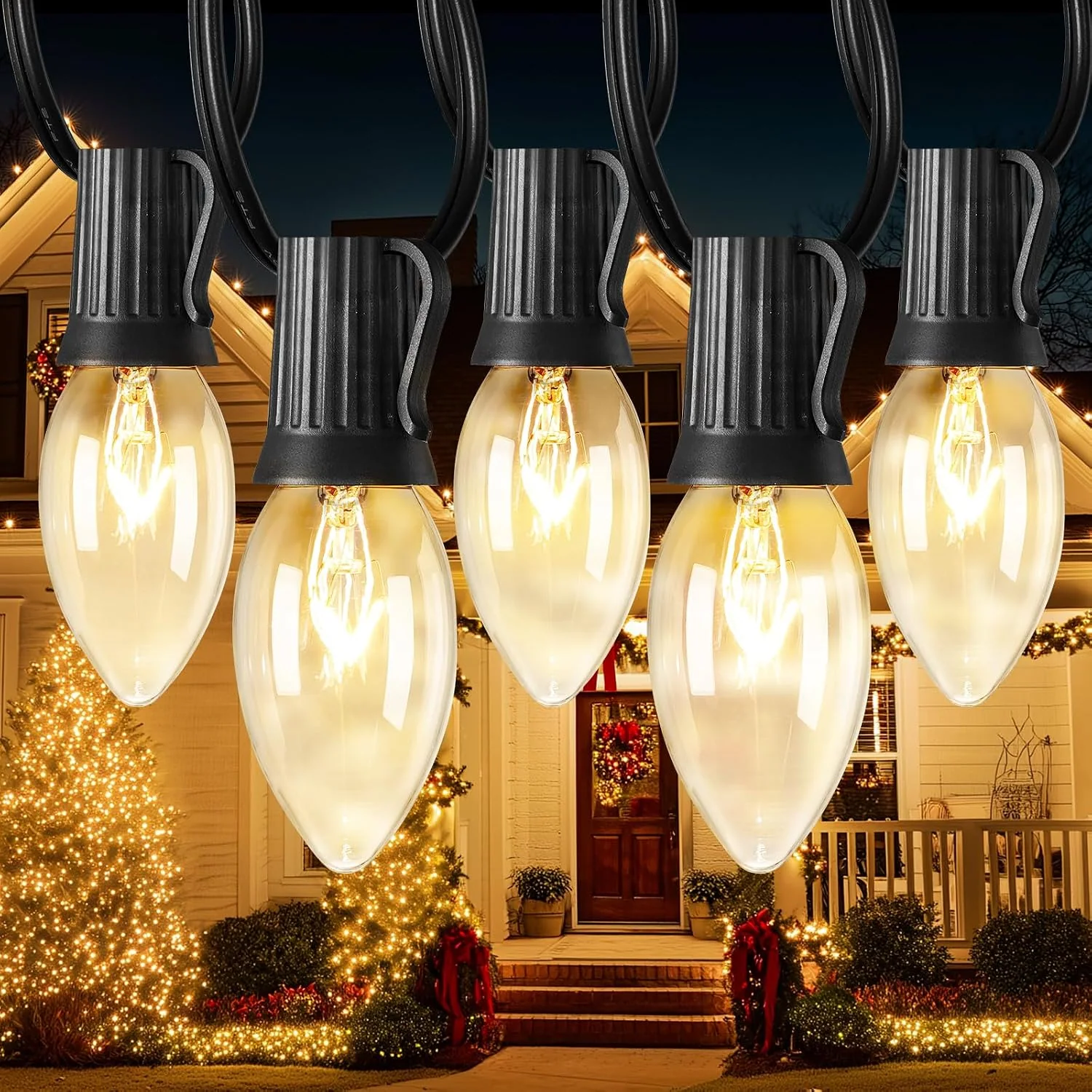 Minetom C9 Outdoor Christmas Lights, Warm White, 100FT 100LED Black Wire, photo 4