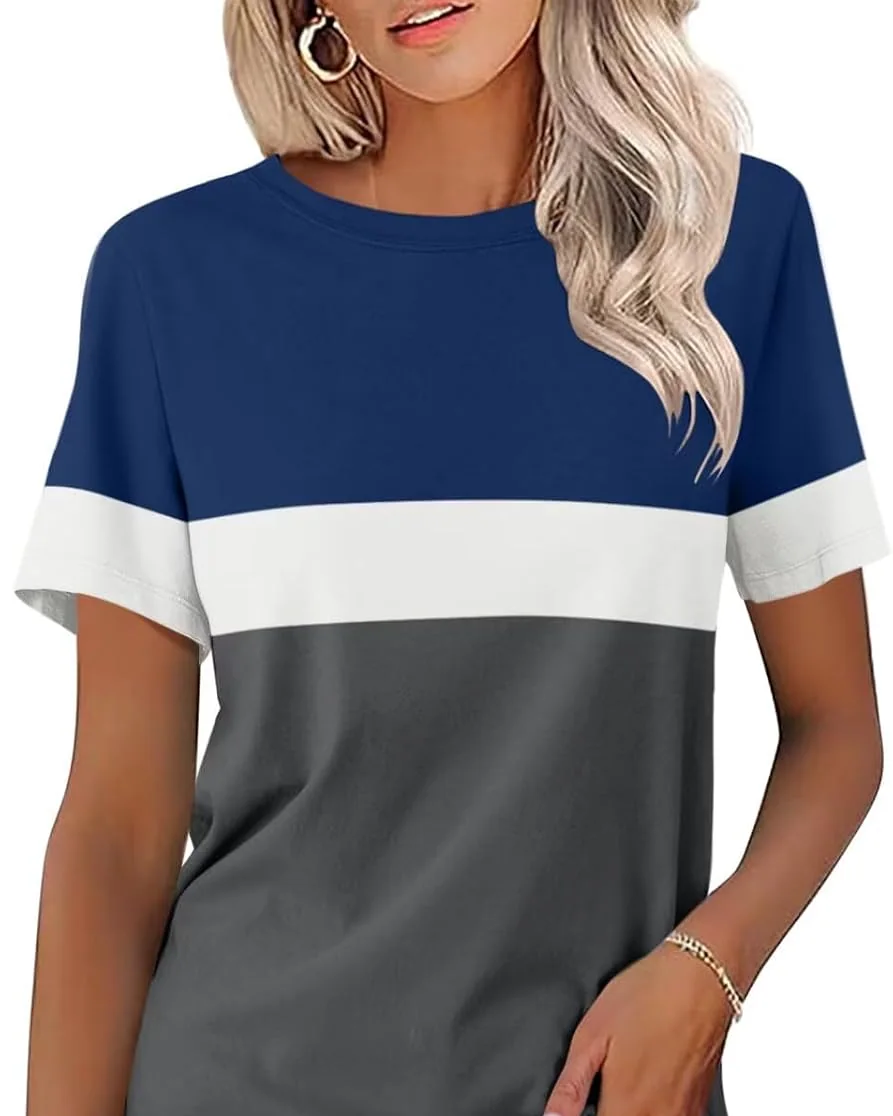 Minetom Womens Color Block T Shirts Short Sleeve Tops Summer Tees, Navy Blue-white-charcoal, Small, photo 16