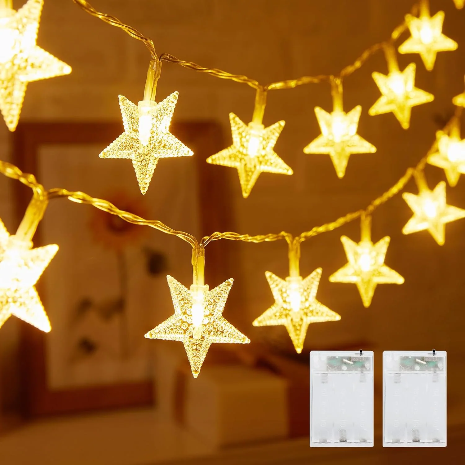 Minetom Star String Lights Battery Operated, Warm White, 2 Pack, photo 3