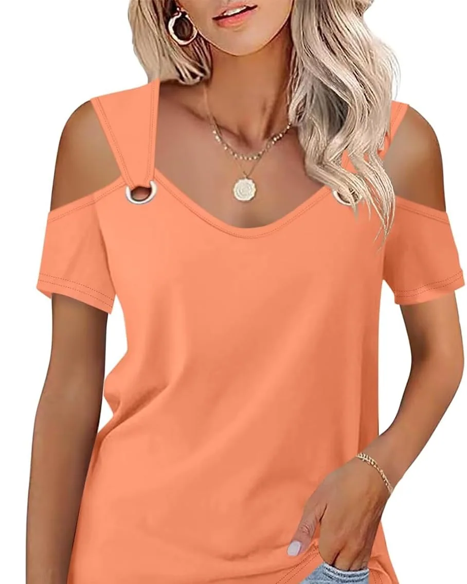 Minetom Women's Cold Shoulder Tops Short Sleeve V Neck T Shirts Summer Tee, Orange, Small, photo 16