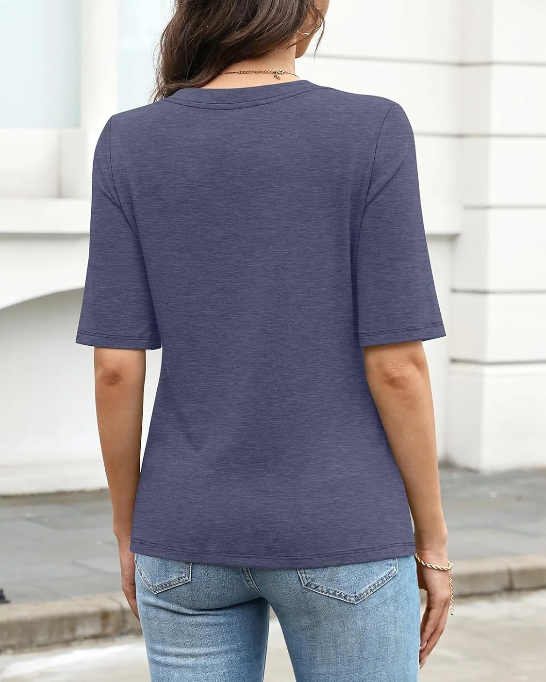 Minetom Women's V Neck T Shirts Half Sleeve Tees Casual Summer Fall Tops Navy, photo 5
