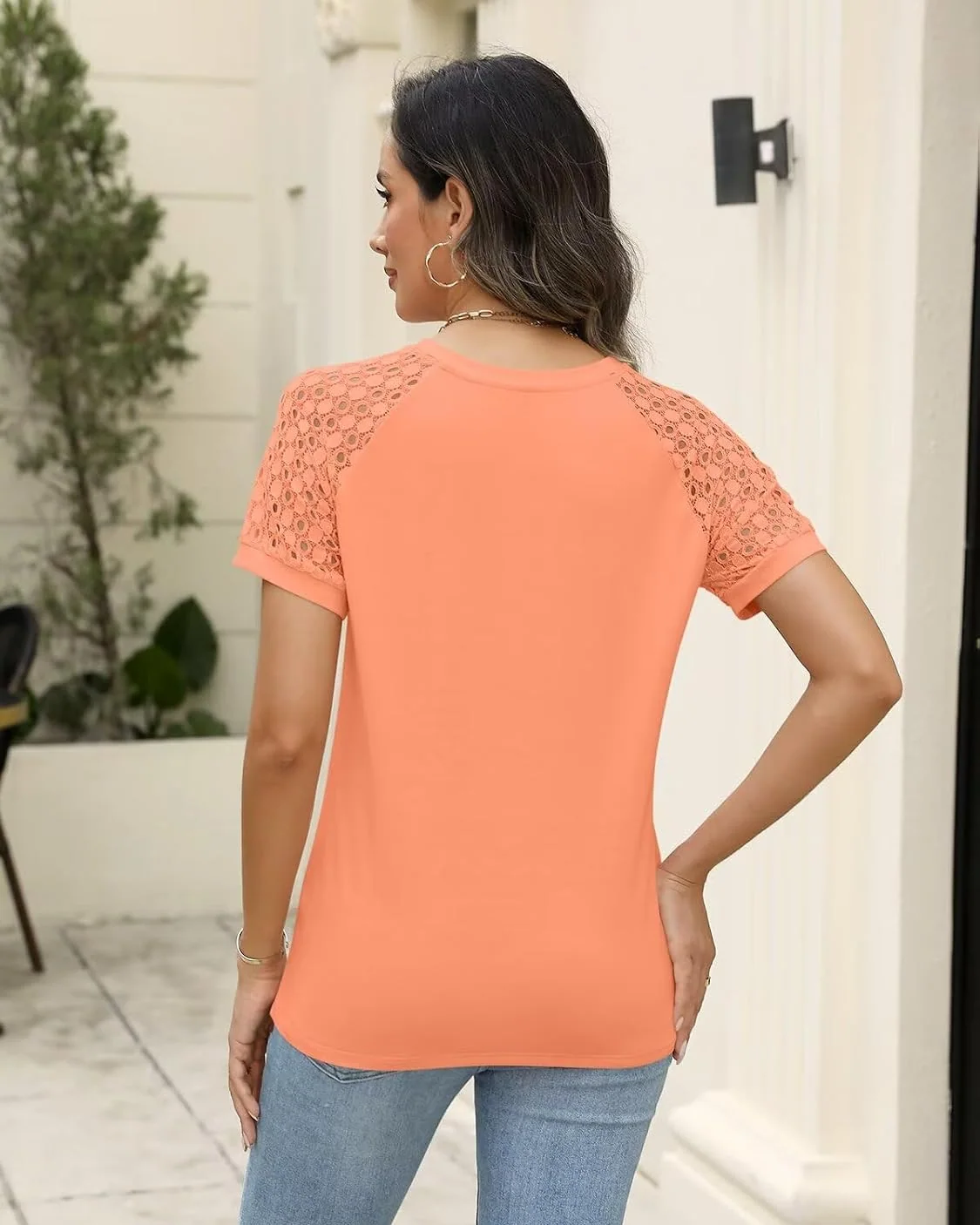Minetom Women's Lace Short Sleeve Tops Henley Shirts Business Casual Blouses, photo 4