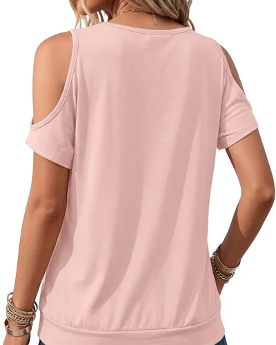 Minetom Womens Cold Shoulder Tops Banded Bottom Shirts Short Sleeve Shirts, thumbnail 2