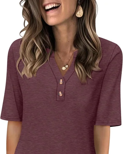 Minetom Women's Half Sleeve Tops V Neck T Shirt Button Casual Tee White, thumbnail 11