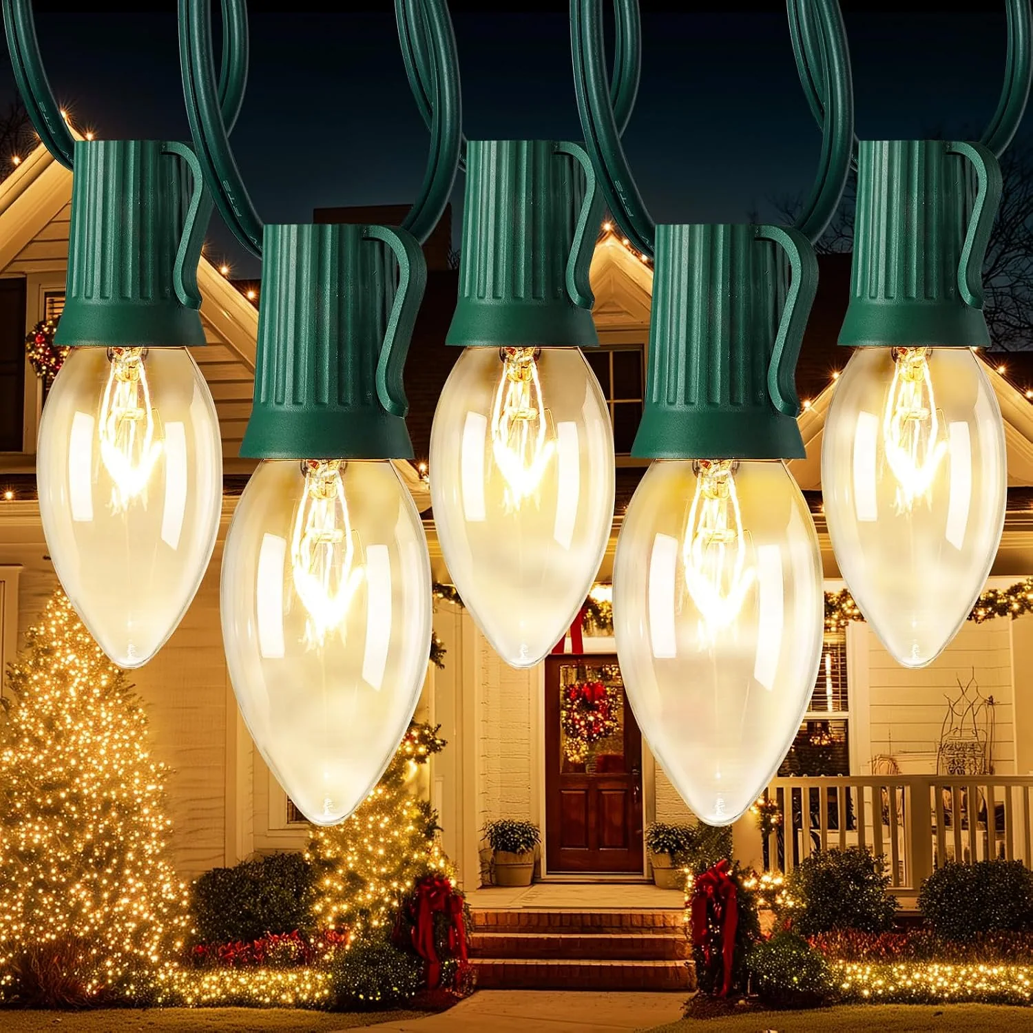 Minetom C9 Outdoor Christmas Lights, Warm White, 50FT 50LED Green Wire, photo 3