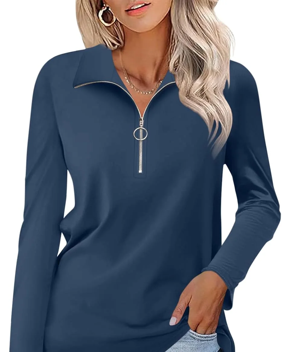 Minetom Womens Long Sleeve Shirts 1/4 Zipper Pullover V Neck Collar Tops, Navy Blue, Small, photo 18