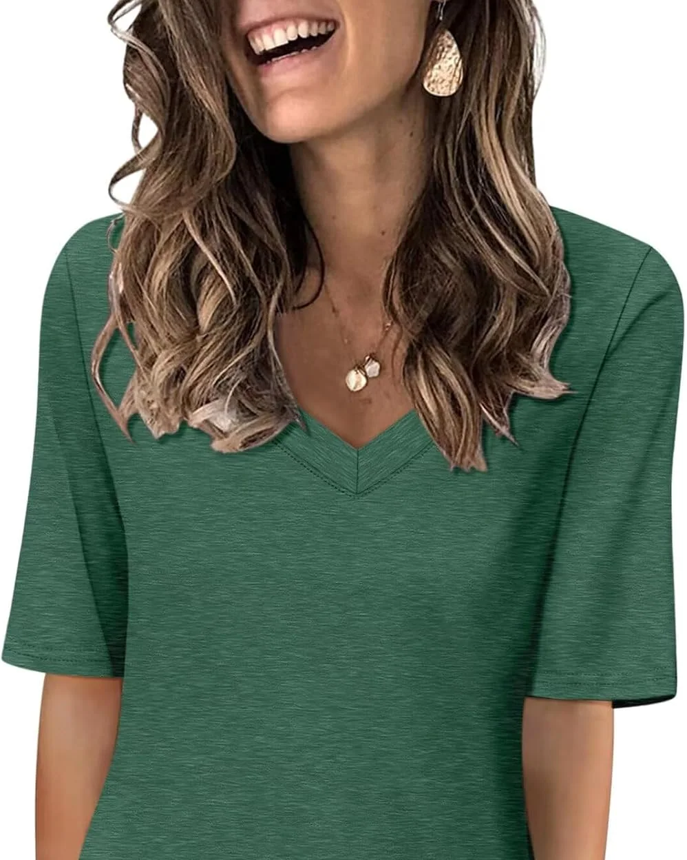 Minetom Women's V Neck T Shirts Casual Half Sleeve Tops Basic Summer Tees, Green, Small, photo 31