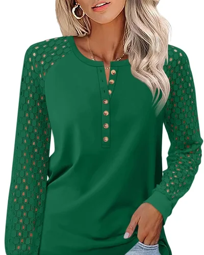 Minetom Women's Lace Long Sleeve Tops Henley Shirts Casual Blouses Tees, thumbnail 8