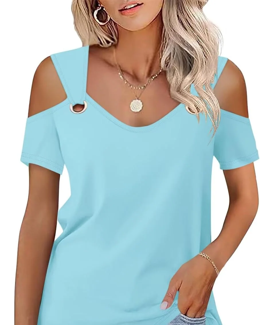 Minetom Women's Cold Shoulder Tops Short Sleeve V Neck T Shirts Summer Tee, Lake Blue, Small, photo 24
