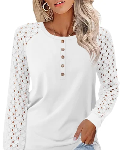 Minetom Women's Lace Long Sleeve Tops Henley Shirts Fall Button Up Blouse, thumbnail 11