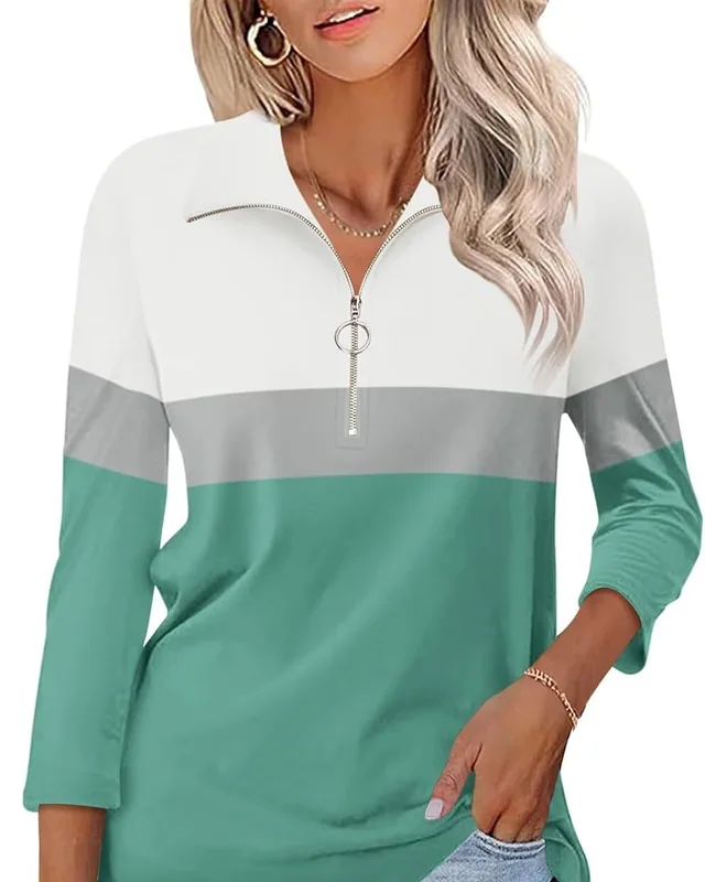 Minetom Women's V Neck 3/4 Sleeve Tops Quarter Zip Collared Shirts Color Block