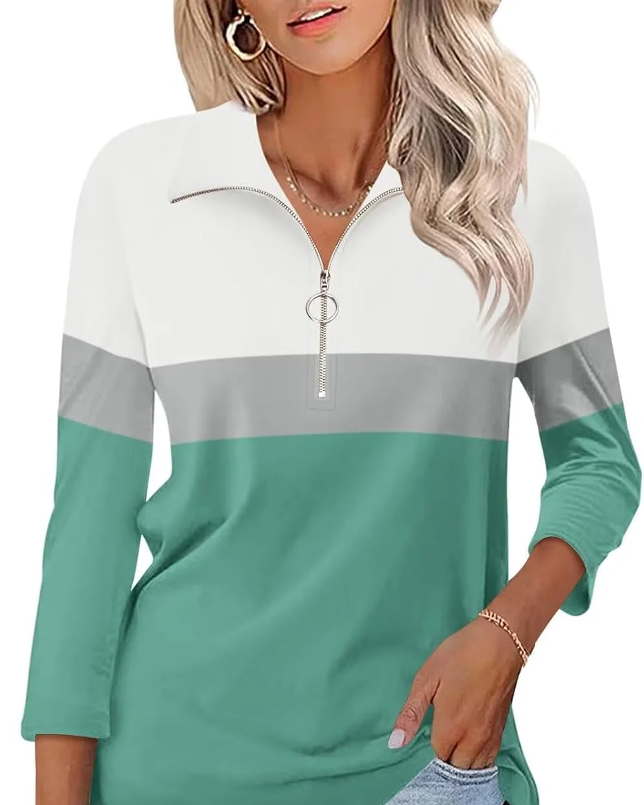 Minetom Women's V Neck 3/4 Sleeve Tops Quarter Zip Collared Shirts Color Block, White-gray-mint, Large, photo 1