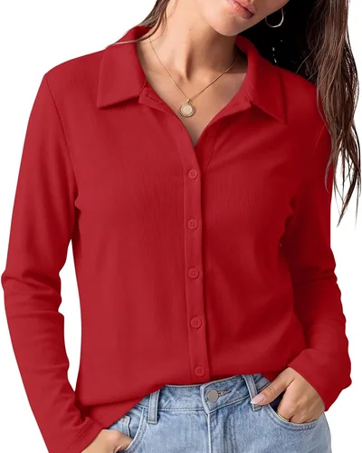 Minetom Womens long Sleeve Button Down Tops V Neck Collared Shirts, thumbnail 7
