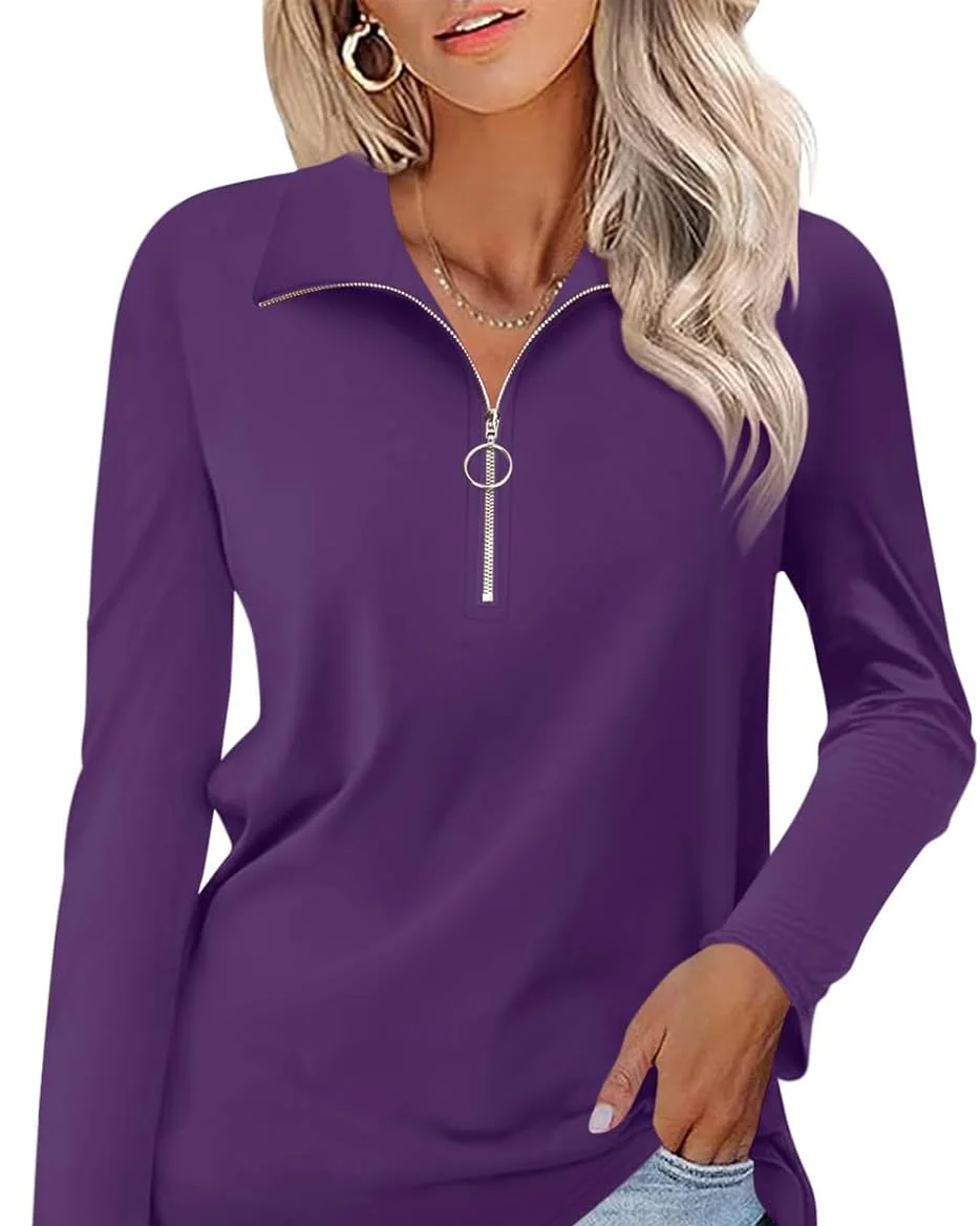 Minetom Womens Long Sleeve Shirts 1/4 Zipper Pullover V Neck Collar Tops, Dark Purple, Small, photo 9