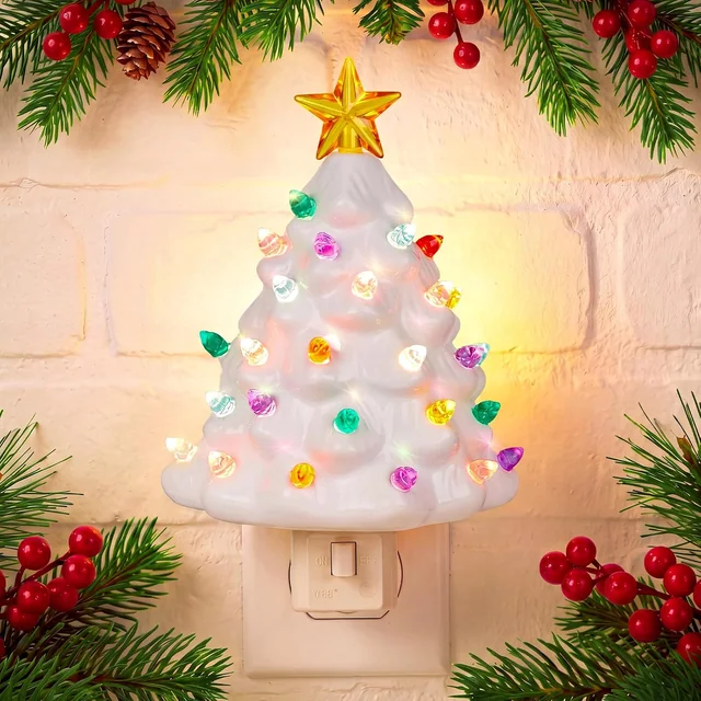 Minetom White Ceramic Christmas Tree Night Light Vintage Plug in Wall Decor