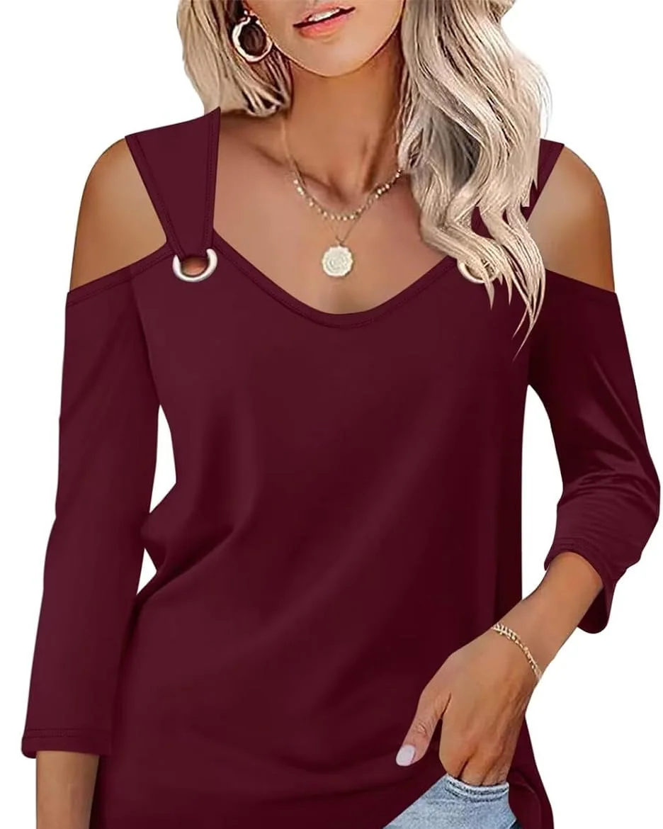 Minetom Women's V Neck 3/4 Sleeve Shirts Cold Shoulder Tops 2026 Fall Tees, Wine Red, Small, photo 27
