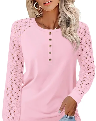 Minetom Women's Lace Long Sleeve Tops Henley Shirts Fall Button Up Blouse, thumbnail 13