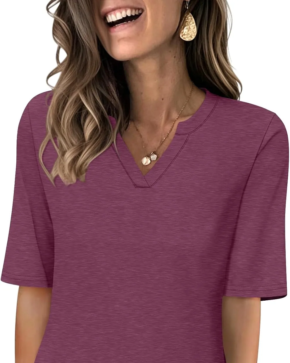 Minetom Women's V Neck T Shirts Half Sleeve Tees Casual Summer Fall Tops Navy, Burgundy, Small, photo 7