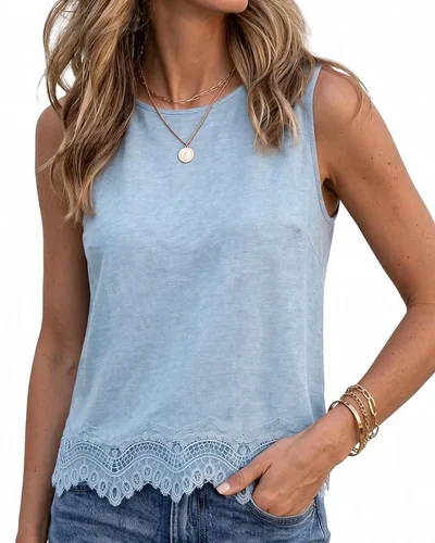 Minetom Women's Cotton Lace Tank Tops Crewneck Sleeveless Shirts White, thumbnail 9