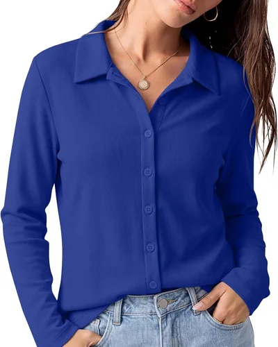 Minetom Womens long Sleeve Button Down Tops V Neck Collared Shirts, thumbnail 8